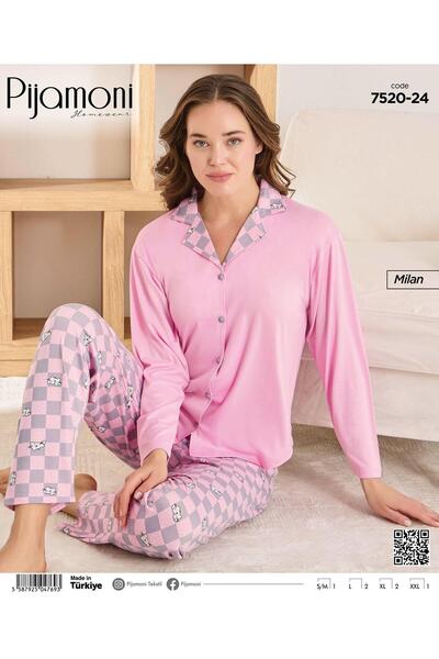 Pijamoni طقم بيجامة نسائي بأكمام طويلة وأزرار من قماش ميلان