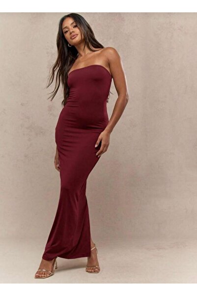 MEGOMEL Strapless Neckline Slit Detail Sleeveless Stretch Fabric Maxi Dress