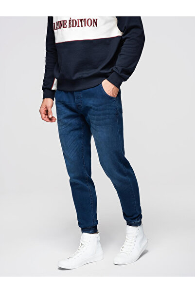 OMBRE Men's jogger jeans with drawstring waist - dark blue V3 OM-PADJ-0242