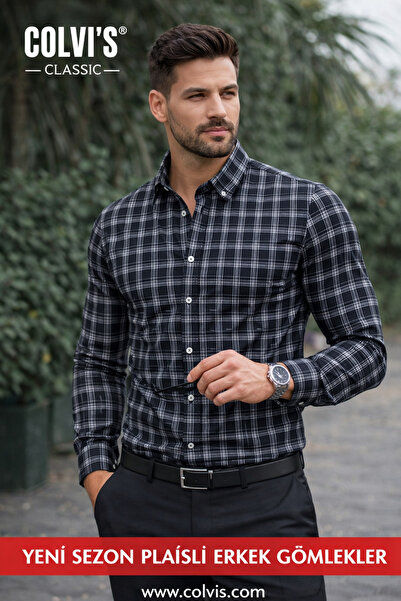 COLVIS MAN Klasik Kışlık Kareli Yaka Düğmeli Yünlü %100 Cotton Gömlek