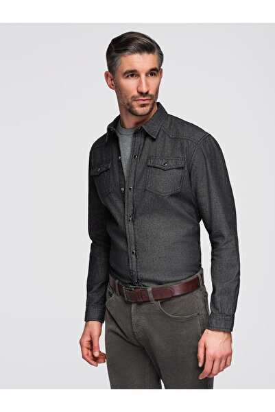OMBRE Pánská džínová košile s knoflíky a kapsami - černá V3 OM-SHDS-0210