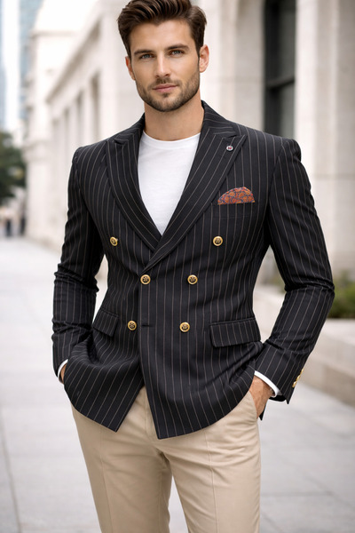 SABRİ ZENGİN Erkek Çizgili Slim Fit Kruvaze Blazer Ceket