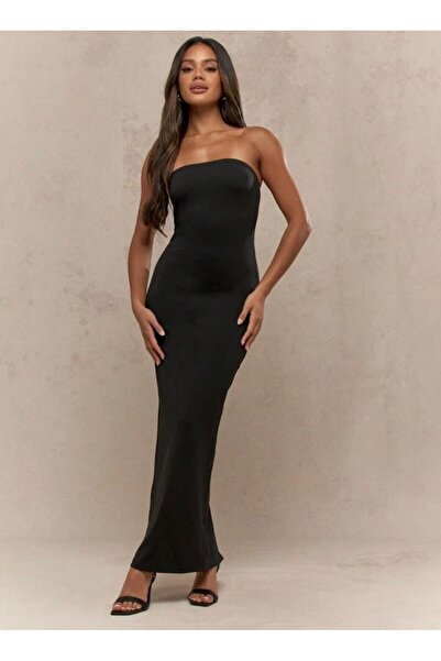 MEGOMEL Strapless Neckline Slit Detail Sleeveless Stretch Fabric Maxi Dress