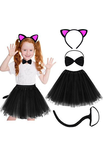 lowell home Cat Ear Crown Skirt Tail and Bow Tie Set of 4 Children Fuchsia