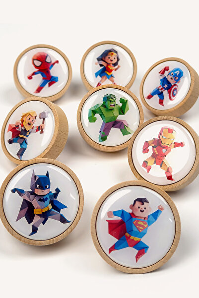 Kulpingo Süper Kahramanlar Ahşap Çocuk Odası Dolap Kulpları - 8'li Set
