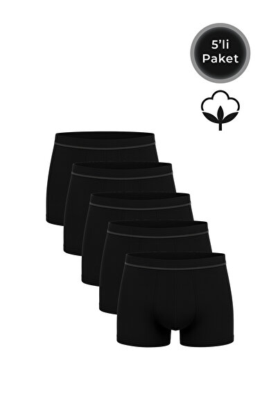 Kompedan 5'li Paket Erkek Pamuklu Likralı Esnek Rahat Boxer Şort | Siyah K11226