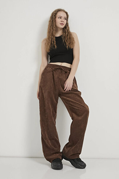 OIL PARK Kadın Cepli Beli Lastikli ve Bağcıklı Bol Paça Palazzo Kışlık Fitill...