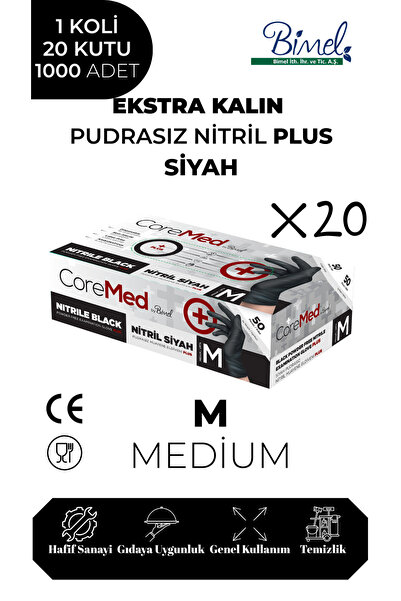 COREMED Ekstra Kalın Nitril Siyah Plus Muayene Eldiveni M - 1 Koli 20 Paket 5...