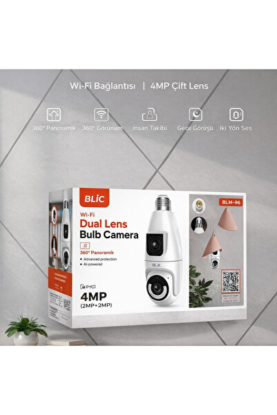 Blic Al-NET 4 MP Çift Lens Ampul IP Kamera | 360 Panaromik WiFi Akıllı Güvenl...