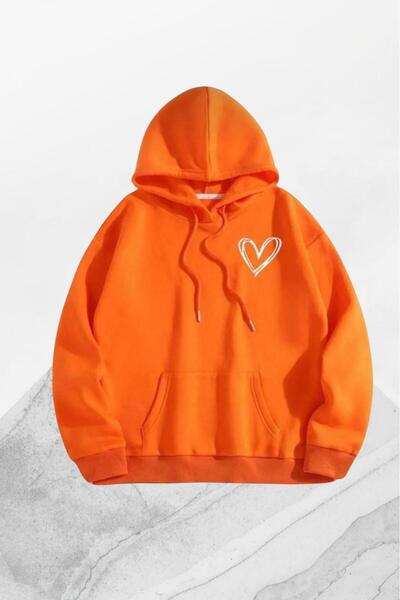NO 601 Women's Orange Hooded Heart Printed Sweatshirt