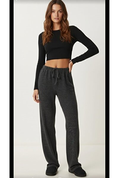 KİM Kİ O Women's Soft Textured Elastic Waist Casual Pants Trackpants