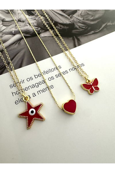 roshel مجموعة من 3 قلادات ذهبية اللون بتصميم العين الحمراء والقلب والفراشة هد...