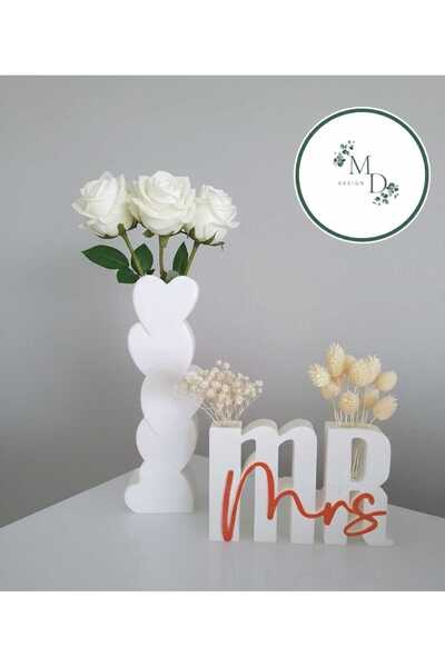 MD Design 3D Dekoratif Vazo Seti –Mr & Mrs Yazılı & Kalpli Tasarım