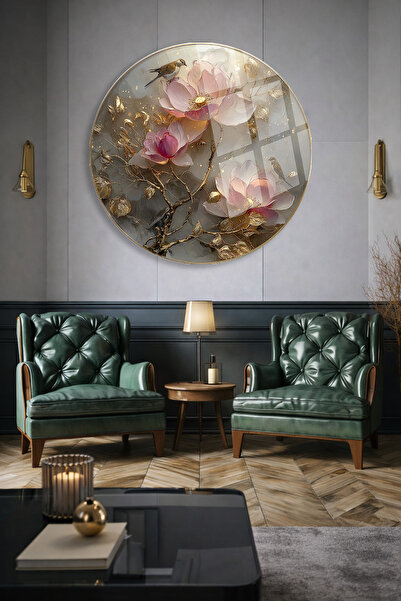 TAULART Round Unbreakable Glass Wall Painting with Pink Flowers and Bird Figu...