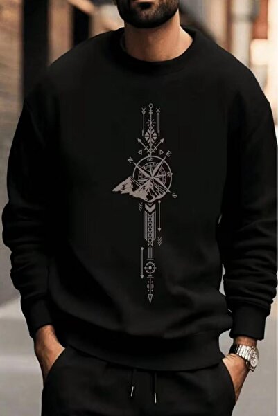 NO 601 Men's Black Compass Printed Crew Neck Sweatshirt