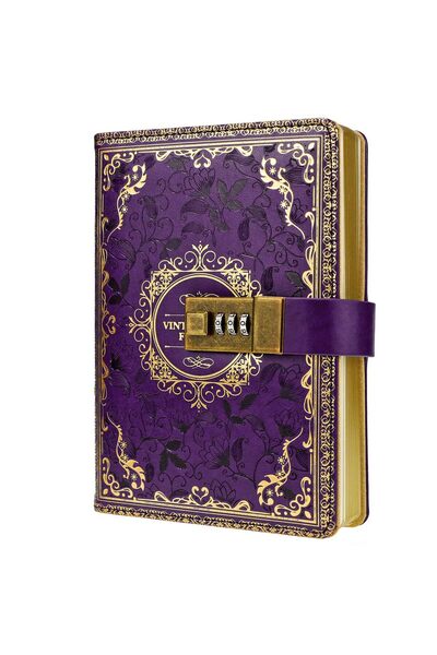 Generics دفتر يوميات بقفل رقمي، غلاف جلدي فاخر عتيق مزين بنقوش زهرية