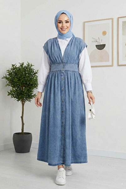 Hb Harma Time Butik Women's V-Neck Buttoned Light Denim Blue Gilet