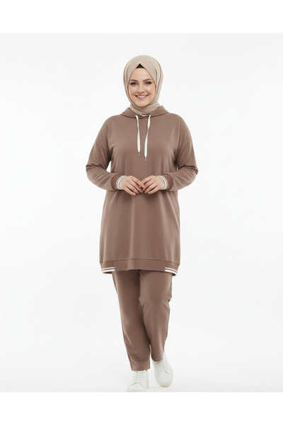 wishne Women's Hooded Long Tunic Pants Set - Comfortable Fit Tesettür Daily Set