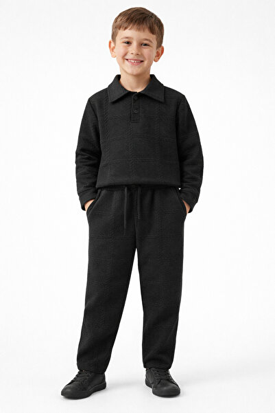 Beka Kids Boy's Buttoned Collar Black Patterned Knitted Quilted Fabric Top an...