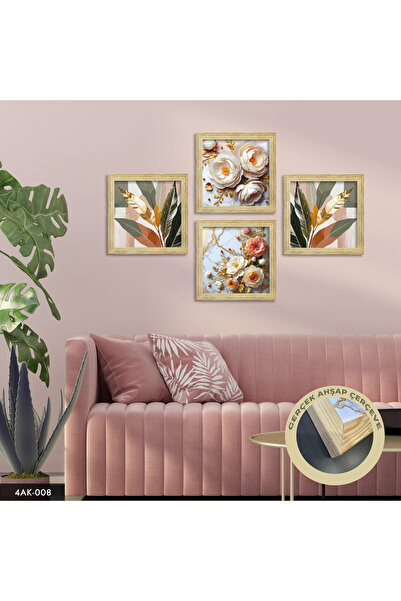Evinemoda Gül ve Yaprak Temalı 4 Parçalı Ahşap Çerçeveli Tablo
