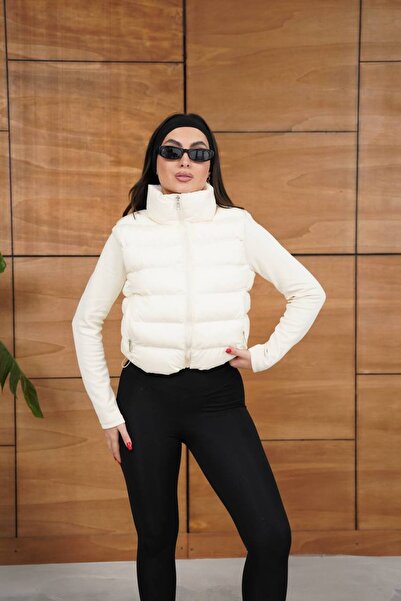 VESS MODA Crop Model Inflatable Coat with Scuba Fabric Detail on the Sleeves