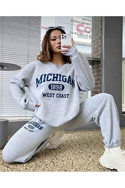 LELVANİ Michigan 1898 West Coast Written Pattern Print-Crewneck Sweatshirt Set