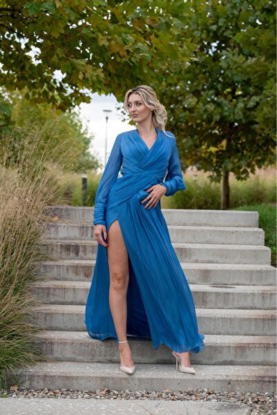 Anastasia Atelier Blue veil evening dress