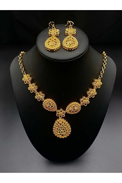 ALZAHR Vintage Hollow Flower Gold Jewelry Set: Necklace + Earrings 2-Piece Se...