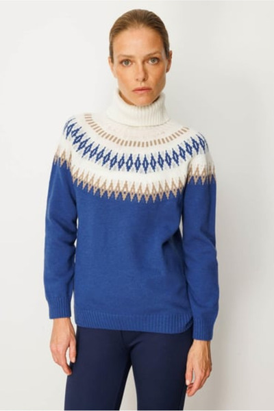 Desen Pulover de damă cu guler complet, din lână, model Baklava, 25KDSN25219