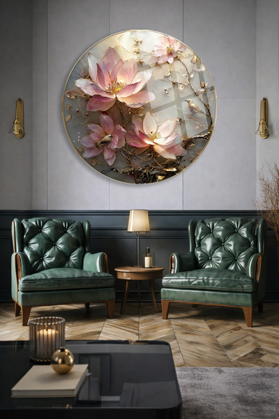 TAULART Pictură de perete din sticlă modernă, cu temă rotundă de flori și păs...