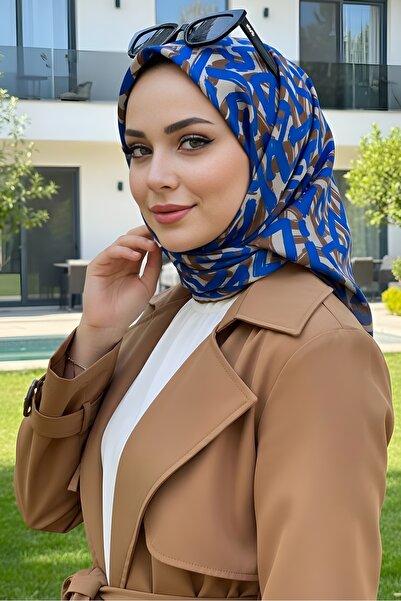 İmajButik أزرق بلون الكوبالت وشاح قطني رقمي ناعم باللون البني