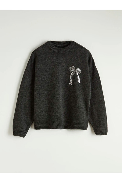 LC Waikiki Lcw Comfort Anthracite Crew Neck Bow Embroidered Women's Knitwear ...