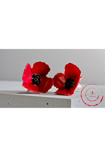 Bloomflorart Kırmızı Gelincik Hafif Çelik Epoksi Küpe