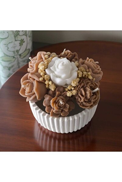 MODA Kahverengi & Beyaz Çiçek Mum – El Yapımı Taş Tozu Vazo, Kokulu Soya Mum