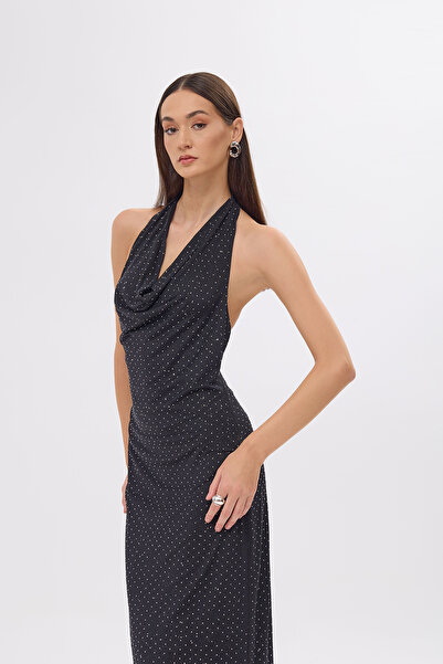 Mozto Helene Taşlı Halter Yaka Siyah Maxi Elbise
