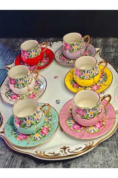 manushum El Boyama Porselen 6lı Set Osmanlı Saray Kahve Fincan Takımı-canlı R...