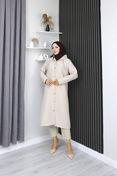 Grosh Fashion Kadın Uzun Kapitone ince Mont – Kapüşonlu