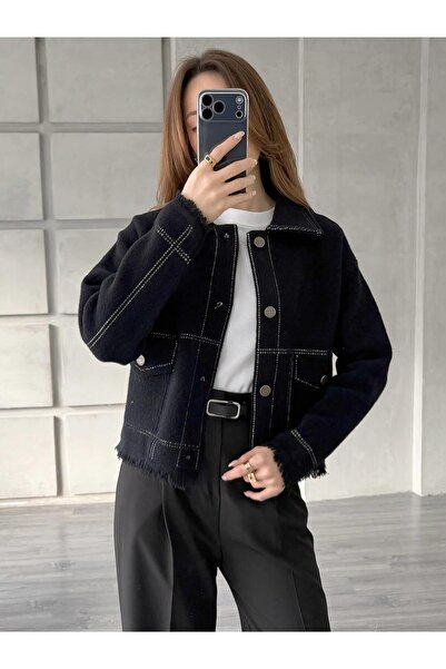 Coral Nokta Şeritli Gömlek Yaka Ceket 140394 Siyah - Beyaz