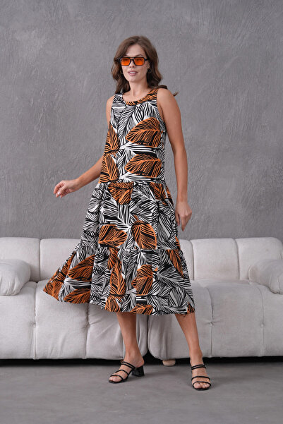 Park Karon Leaf Patterned Flounce Sleeveless Woven Dress