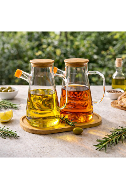 COCEM Set of 2 Glass Oil Bottles with Bamboo Stand 900 ml |   Stylish & Moder...