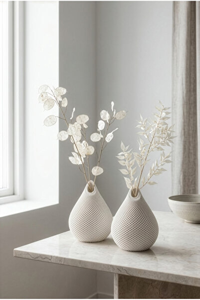 ZURİ DESİGN 2'li Beyaz File Dokulu Damla Form Dekoratif Biblo Seti