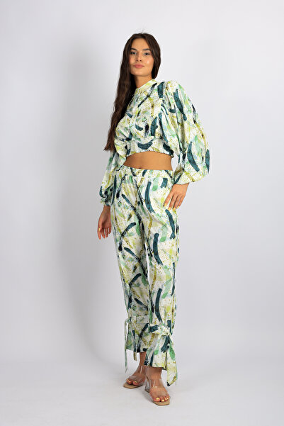 SALTİX Women's Patterned Top and Bottom Set Pants Blouse