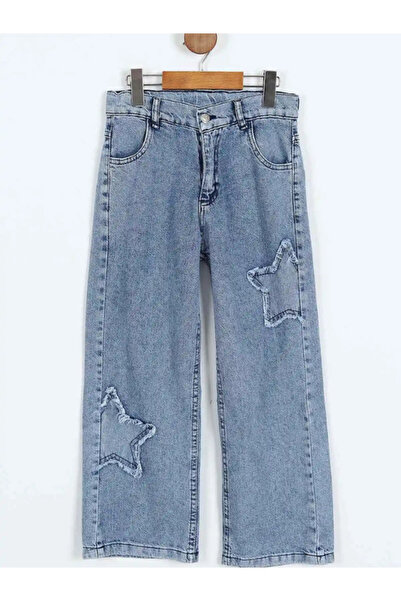 Linoş Kids بنطلون بناتي مزين بالنجوم، بنطلون جينز بناتي مطرز بالنجوم مقطوع با...