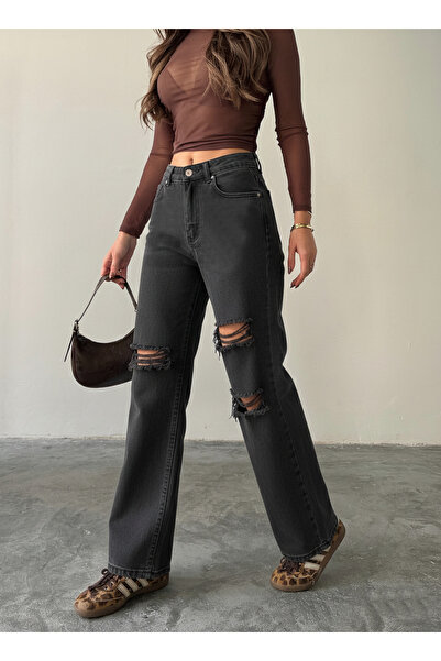 blue marlın Double Knee Laser Cut Boyfriend Jeans with Wide Legs