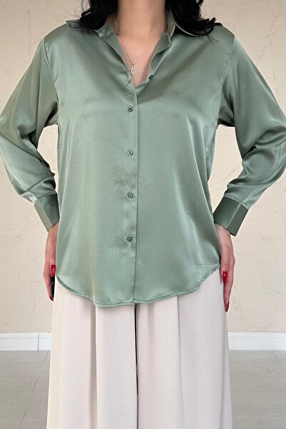 Moday Women's Mint Green Long Sleeve Satin Shirt 18A-6777