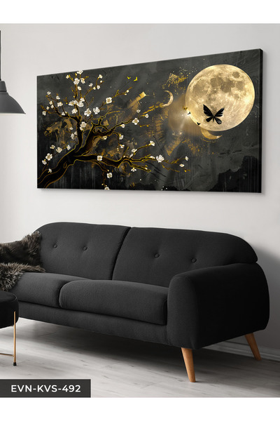 Evinemoda Gold Detaylı Ağaç ve Ay Tek Parça Kanvas - Canvas Tablo