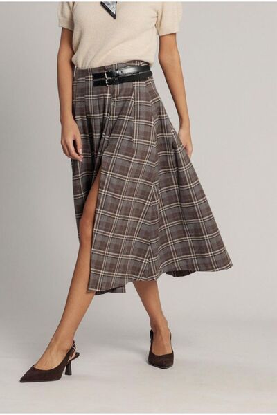 Rouge basıc Plaid skirt with belt detail