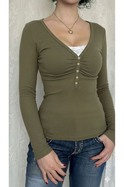 ARS Butik Button Detailed Lace-Up Henley Collar Long Sleeve Khaki Blouse