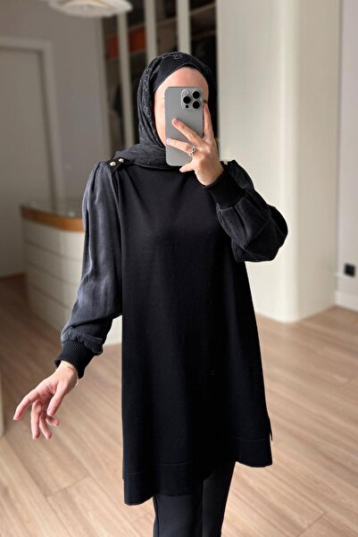 Ka Hijab Omzu Buttoned Half Fisherman Mercerized Tunic - Black