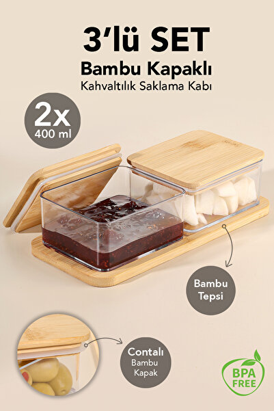 Meleni Home 3 Piece Bamboo Lid Breakfast Storage Container - Non-Air-Permeabl...
